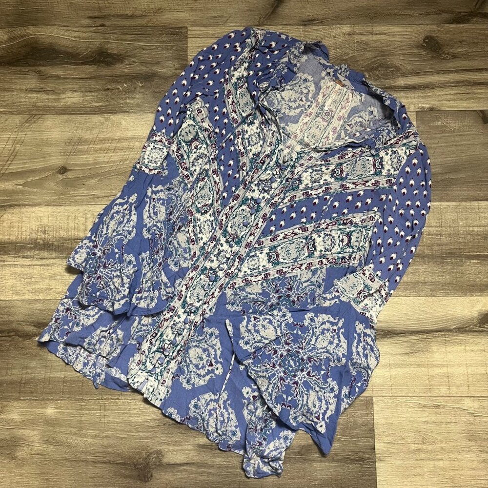 Free People Long Bell Sleeve Boho Blouse Floral Paisley Blue Size XS